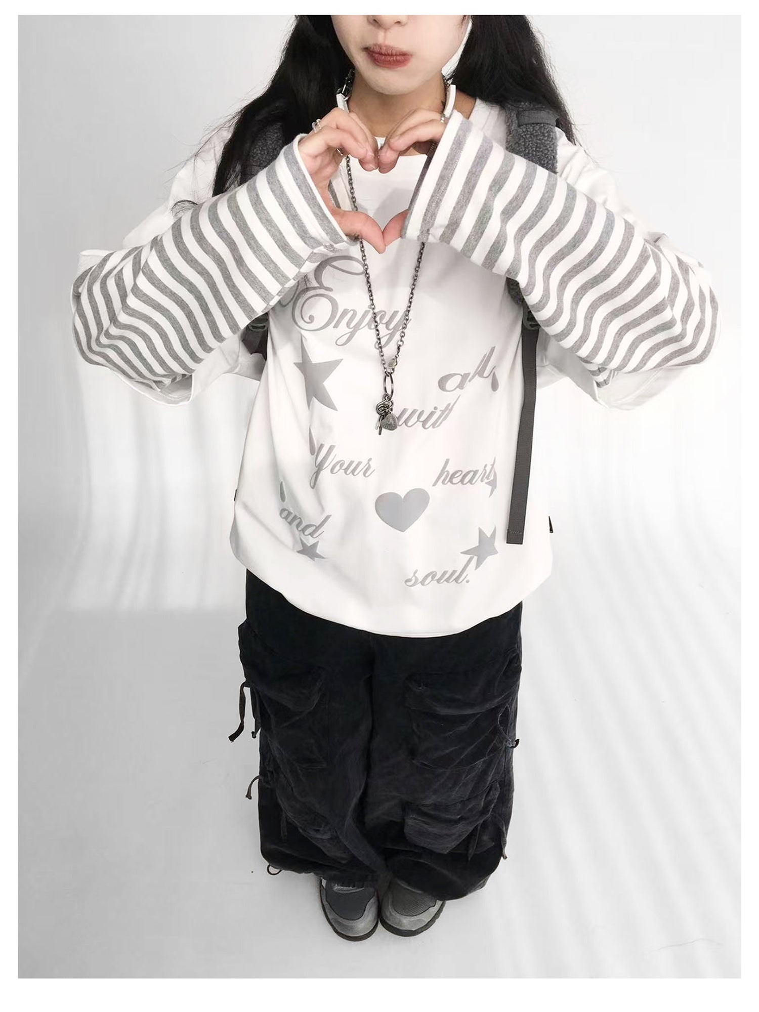 innomoood Striped Relaxed Fit Bubble Print Layered Tee