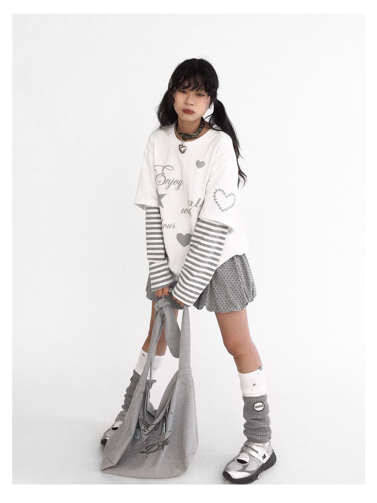 innomoood Striped Relaxed Fit Bubble Print Layered Tee