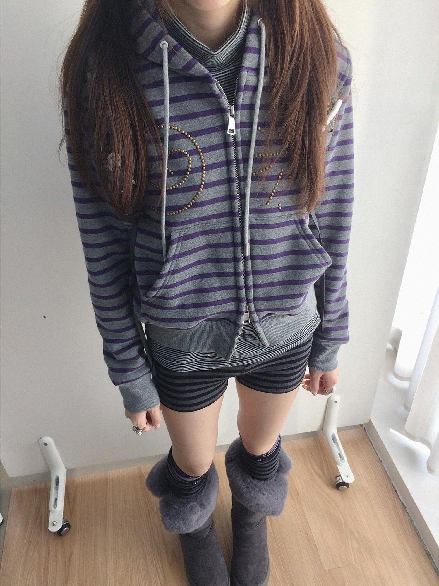 innomoood Studded Cropped Terry Zip Hooded Loose Fit Commuter Striped Women Hoodies