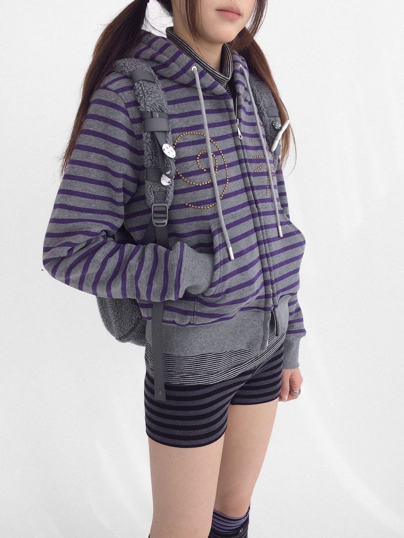 innomoood Studded Cropped Terry Zip Hooded Loose Fit Commuter Striped Women Hoodies