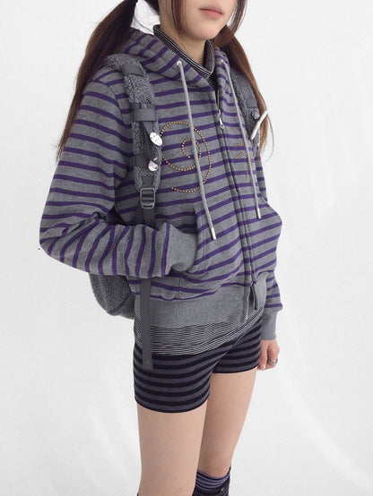 innomoood Studded Cropped Terry Zip Hooded Loose Fit Commuter Striped Women Hoodies