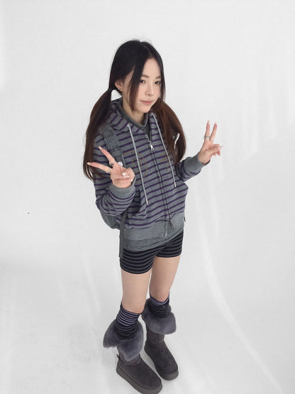 innomoood Studded Cropped Terry Zip Hooded Loose Fit Commuter Striped Women Hoodies