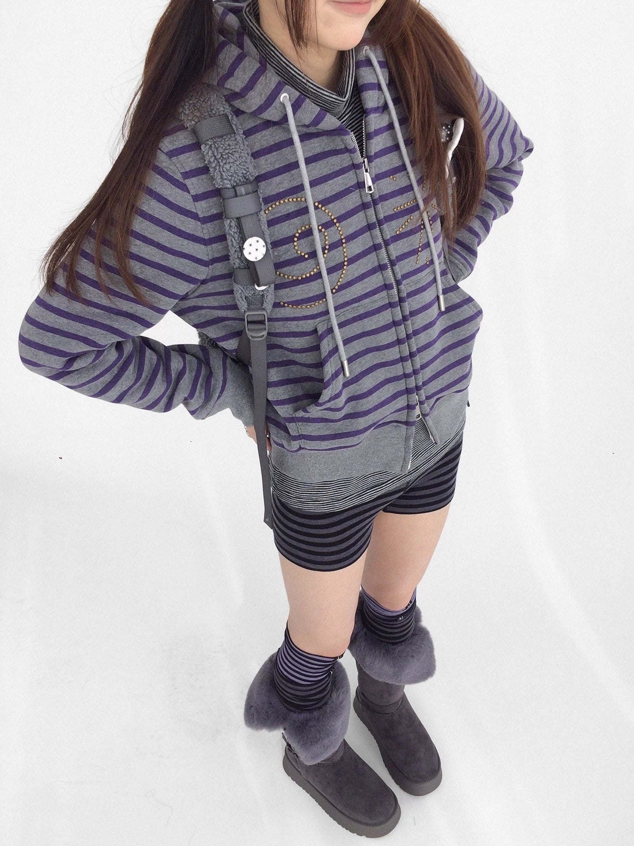 innomoood Studded Cropped Terry Zip Hooded Loose Fit Commuter Striped Women Hoodies