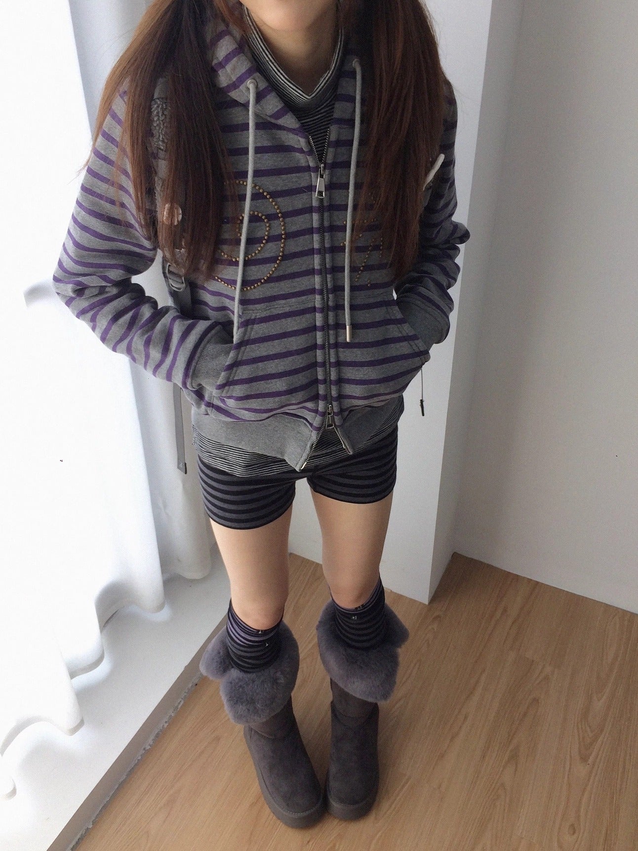 innomoood Studded Cropped Terry Zip Hooded Loose Fit Commuter Striped Women Hoodies