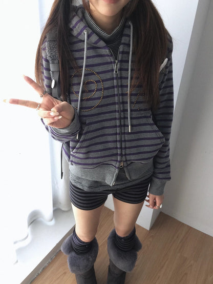 innomoood Studded Cropped Terry Zip Hooded Loose Fit Commuter Striped Women Hoodies