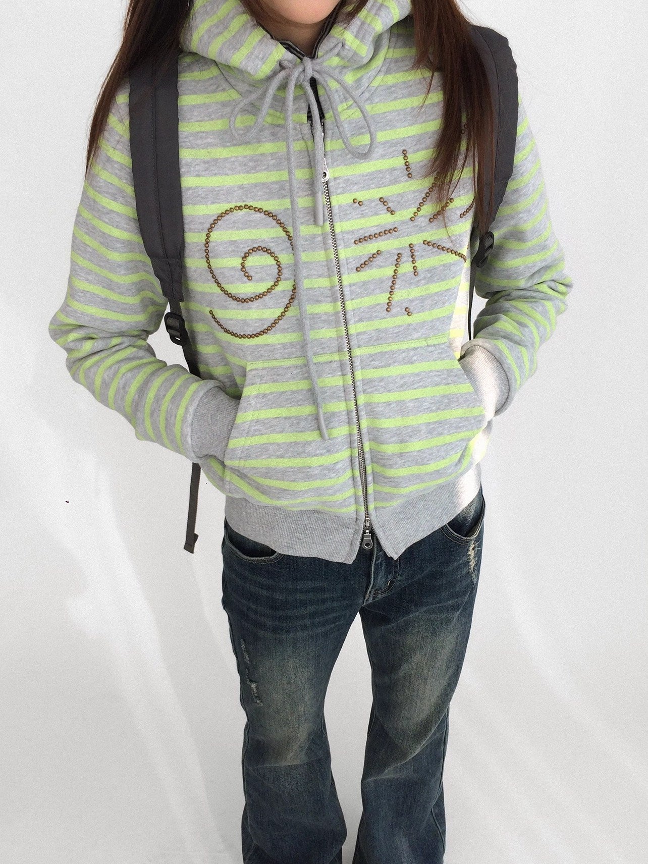 innomoood Studded Cropped Terry Zip Hooded Loose Fit Commuter Striped Women Hoodies