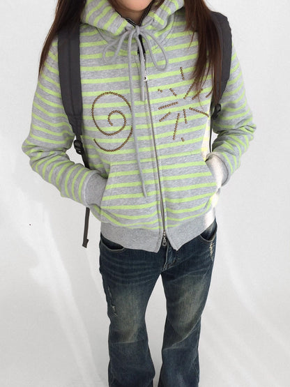 innomoood Studded Cropped Terry Zip Hooded Loose Fit Commuter Striped Women Hoodies