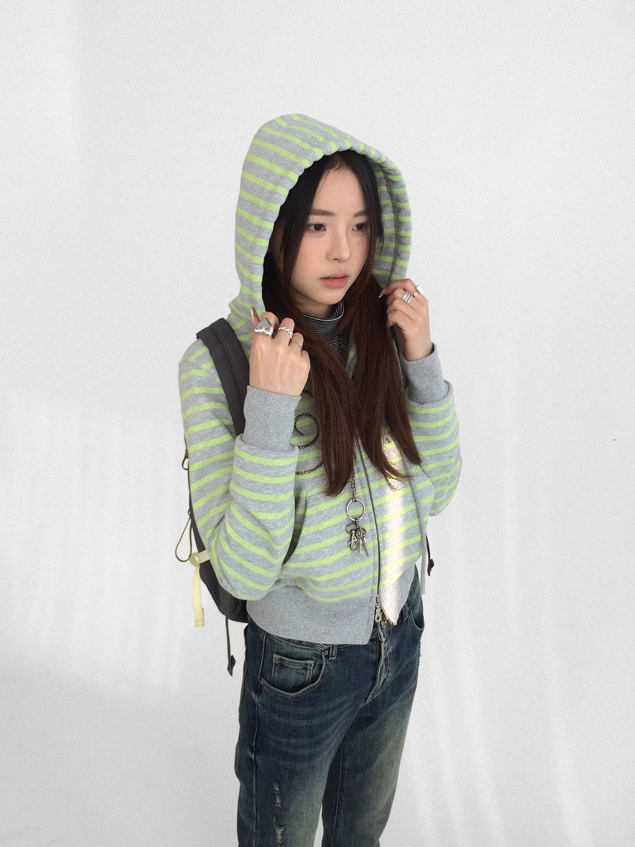 innomoood Studded Cropped Terry Zip Hooded Loose Fit Commuter Striped Women Hoodies