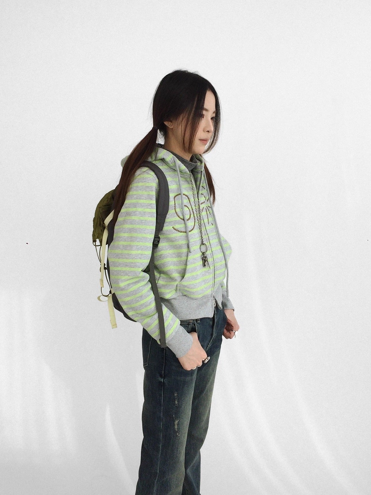 innomoood Studded Cropped Terry Zip Hooded Loose Fit Commuter Striped Women Hoodies