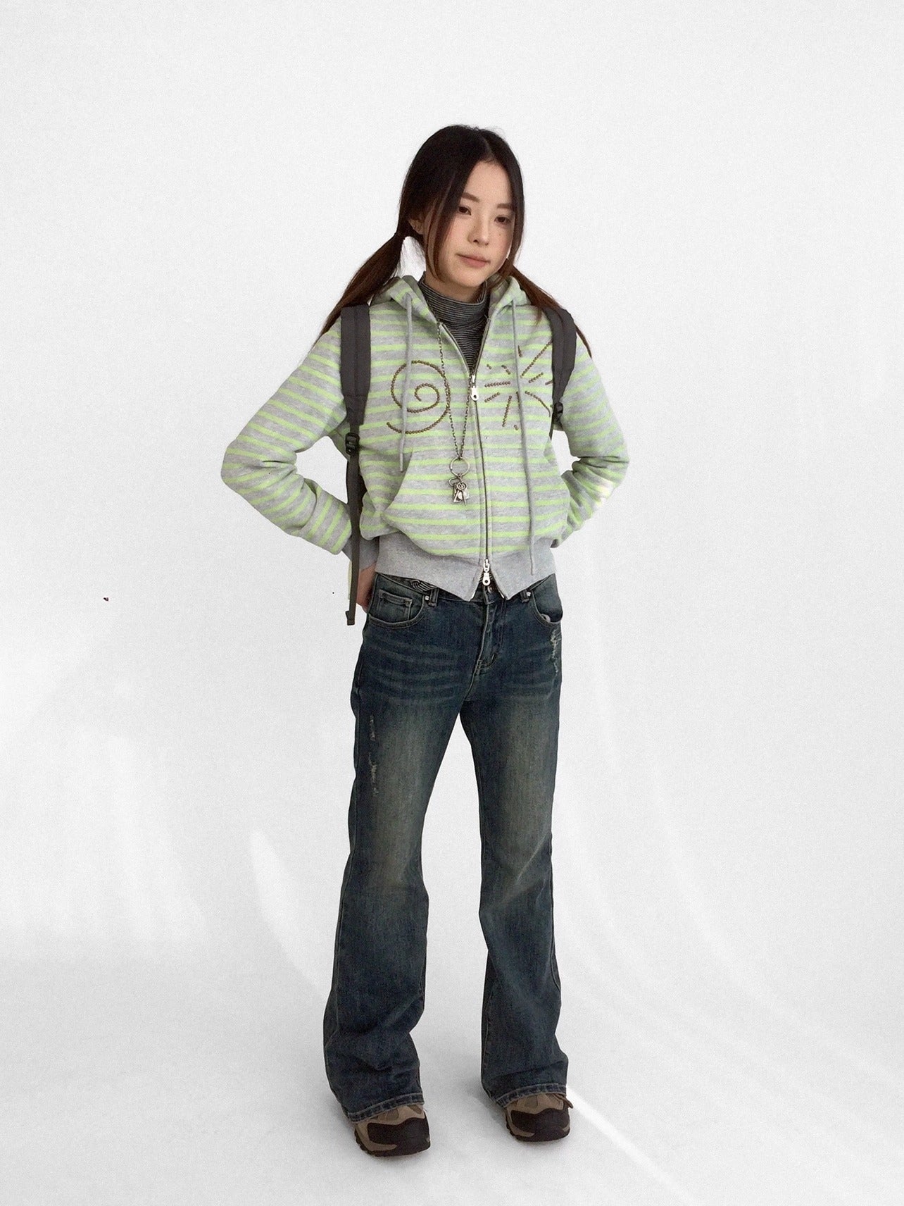 innomoood Studded Cropped Terry Zip Hooded Loose Fit Commuter Striped Women Hoodies