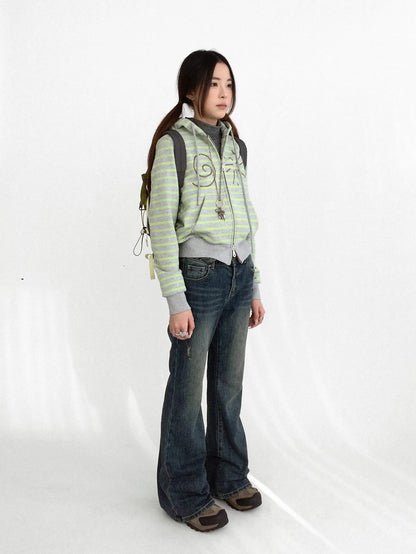 innomoood Studded Cropped Terry Zip Hooded Loose Fit Commuter Striped Women Hoodies