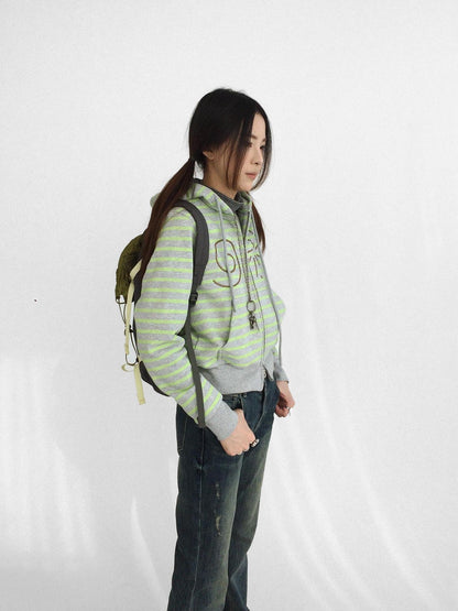 innomoood Studded Cropped Terry Zip Hooded Loose Fit Commuter Striped Women Hoodies