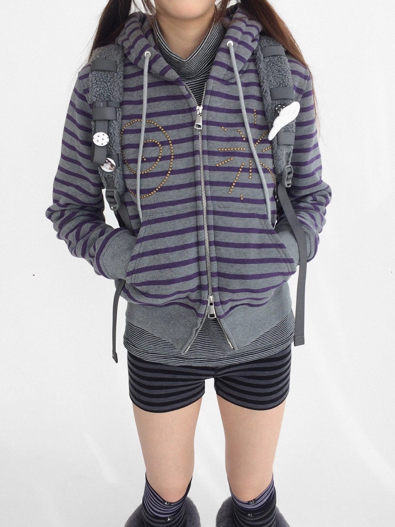 innomoood Studded Cropped Terry Zip Hooded Loose Fit Commuter Striped Women Hoodies