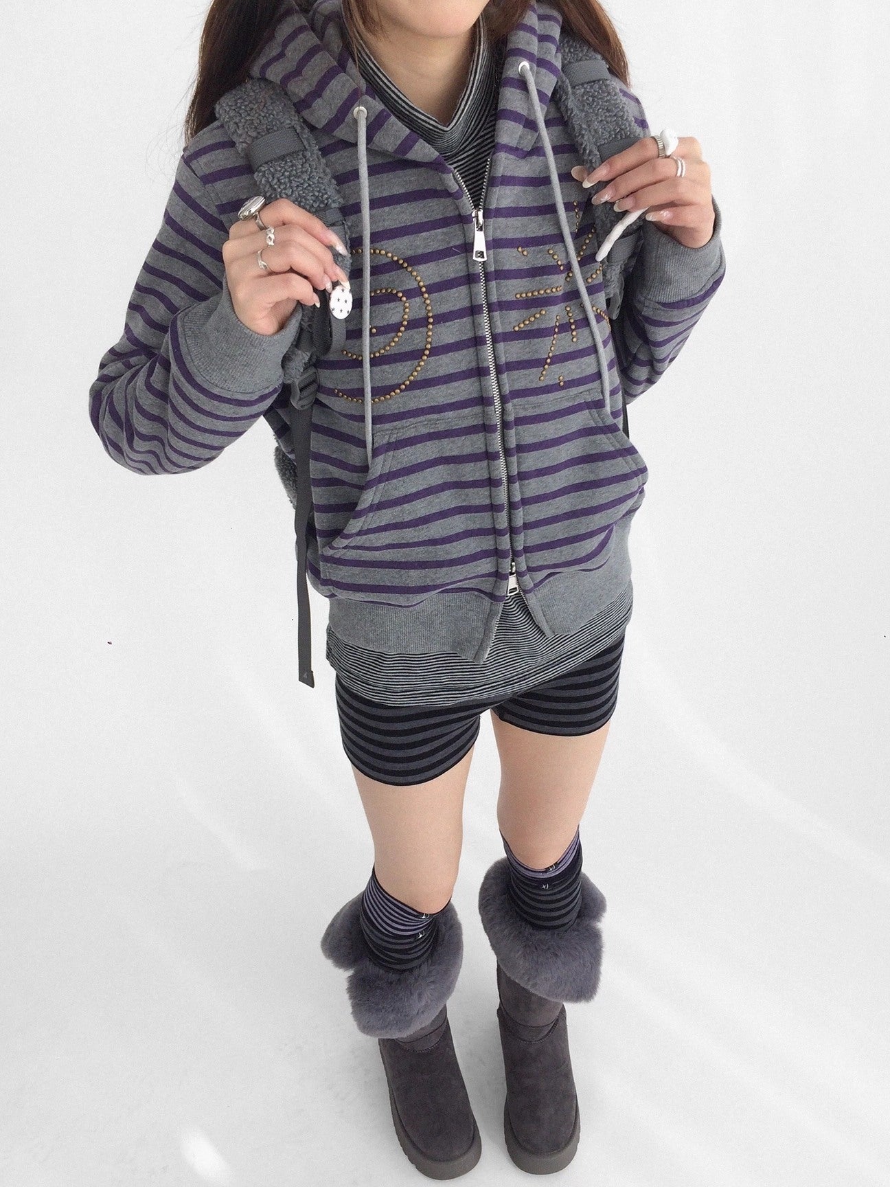 innomoood Studded Cropped Terry Zip Hooded Loose Fit Commuter Striped Women Hoodies