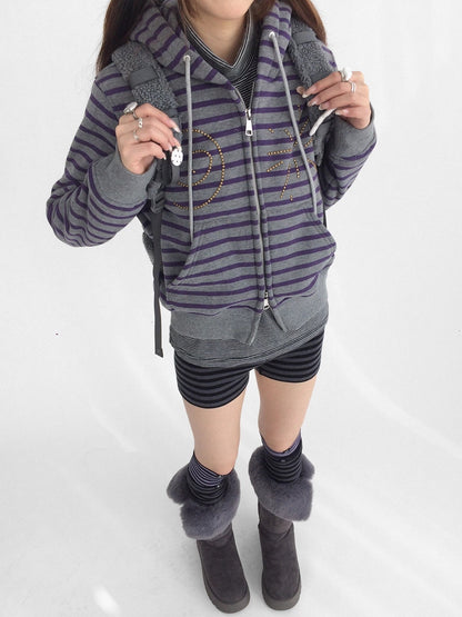 innomoood Studded Cropped Terry Zip Hooded Loose Fit Commuter Striped Women Hoodies