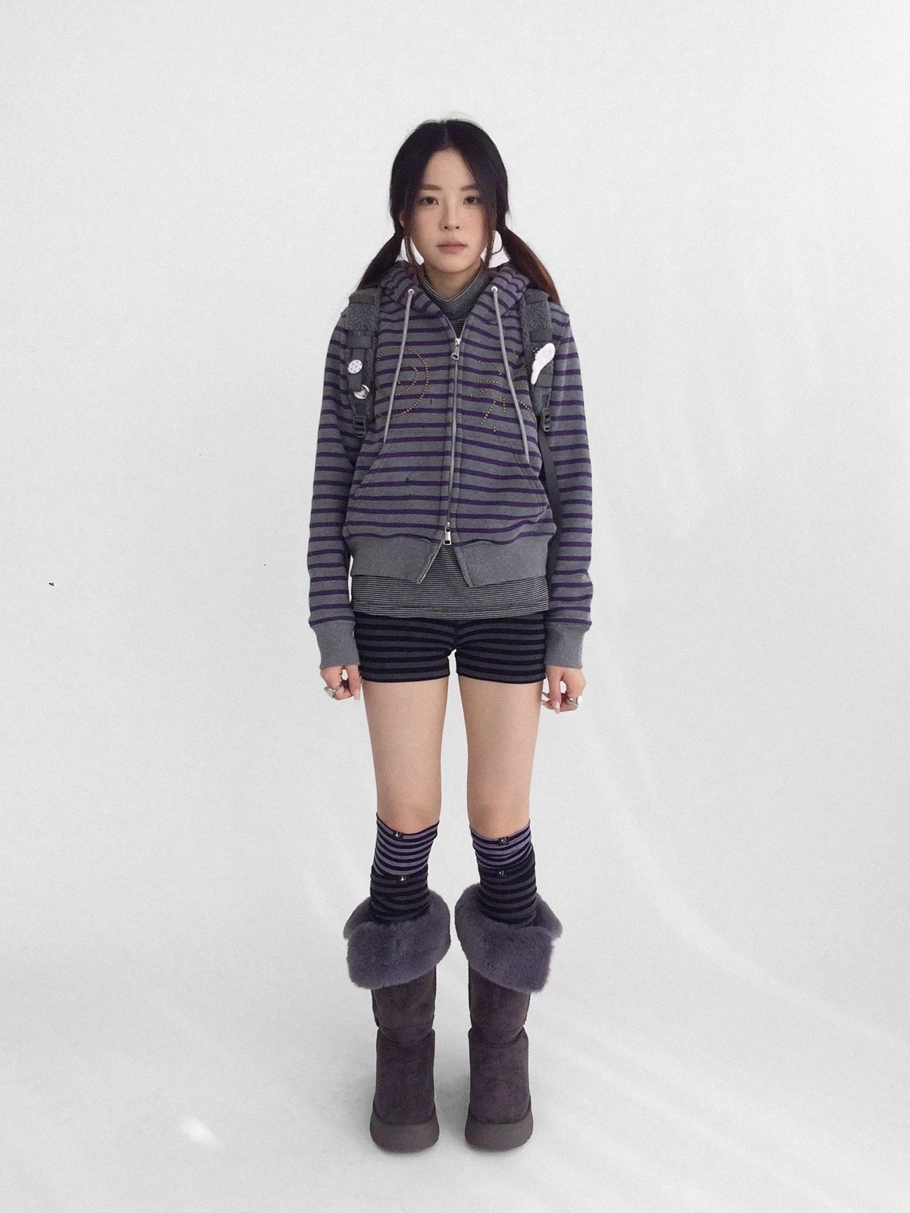 innomoood Studded Cropped Terry Zip Hooded Loose Fit Commuter Striped Women Hoodies