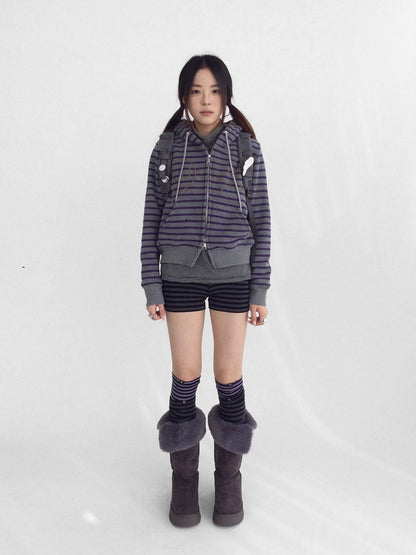 innomoood Studded Cropped Terry Zip Hooded Loose Fit Commuter Striped Women Hoodies