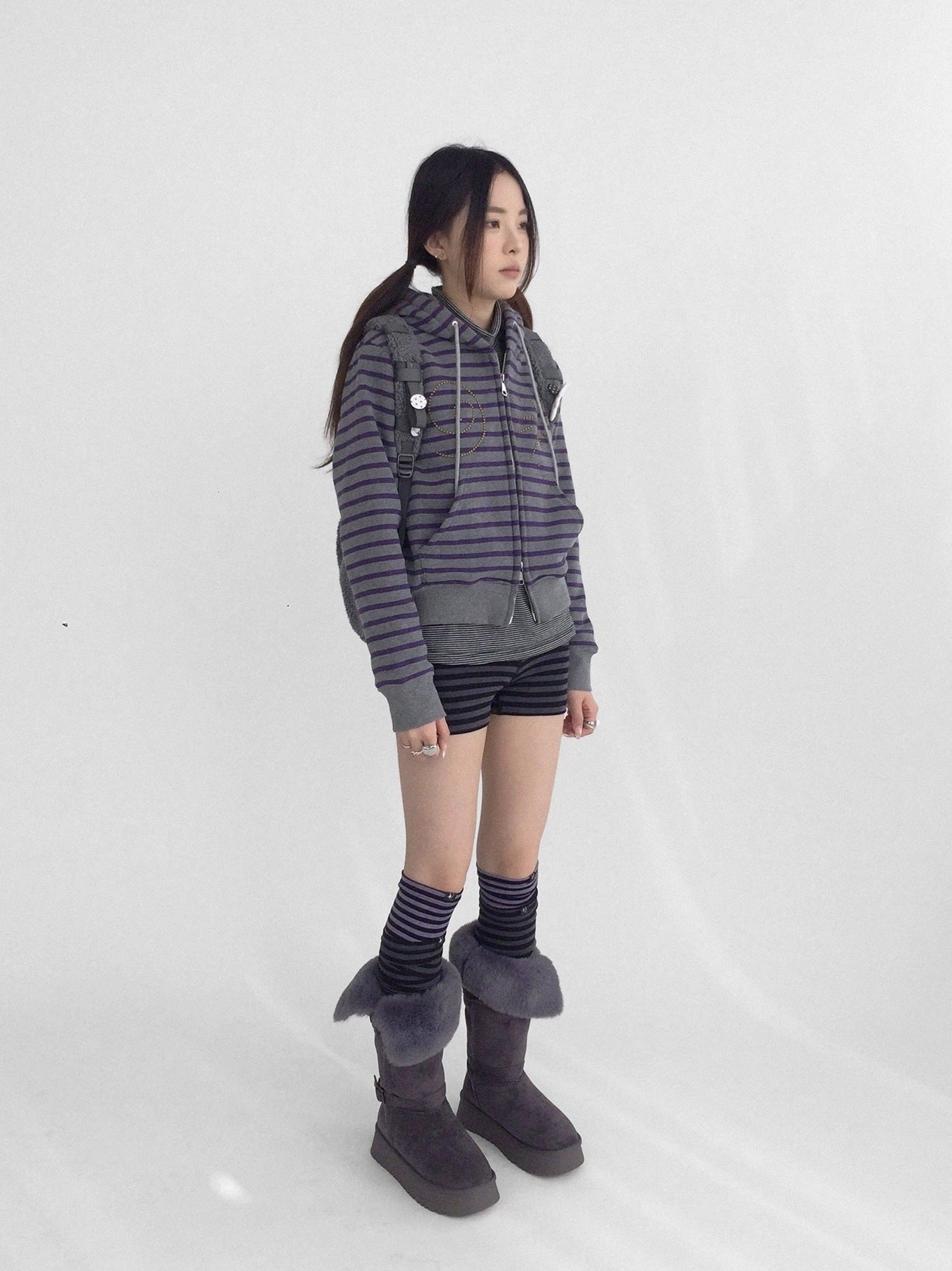 innomoood Studded Cropped Terry Zip Hooded Loose Fit Commuter Striped Women Hoodies