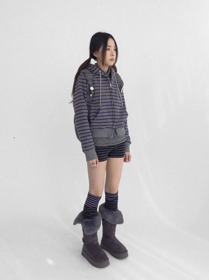 innomoood Studded Cropped Terry Zip Hooded Loose Fit Commuter Striped Women Hoodies