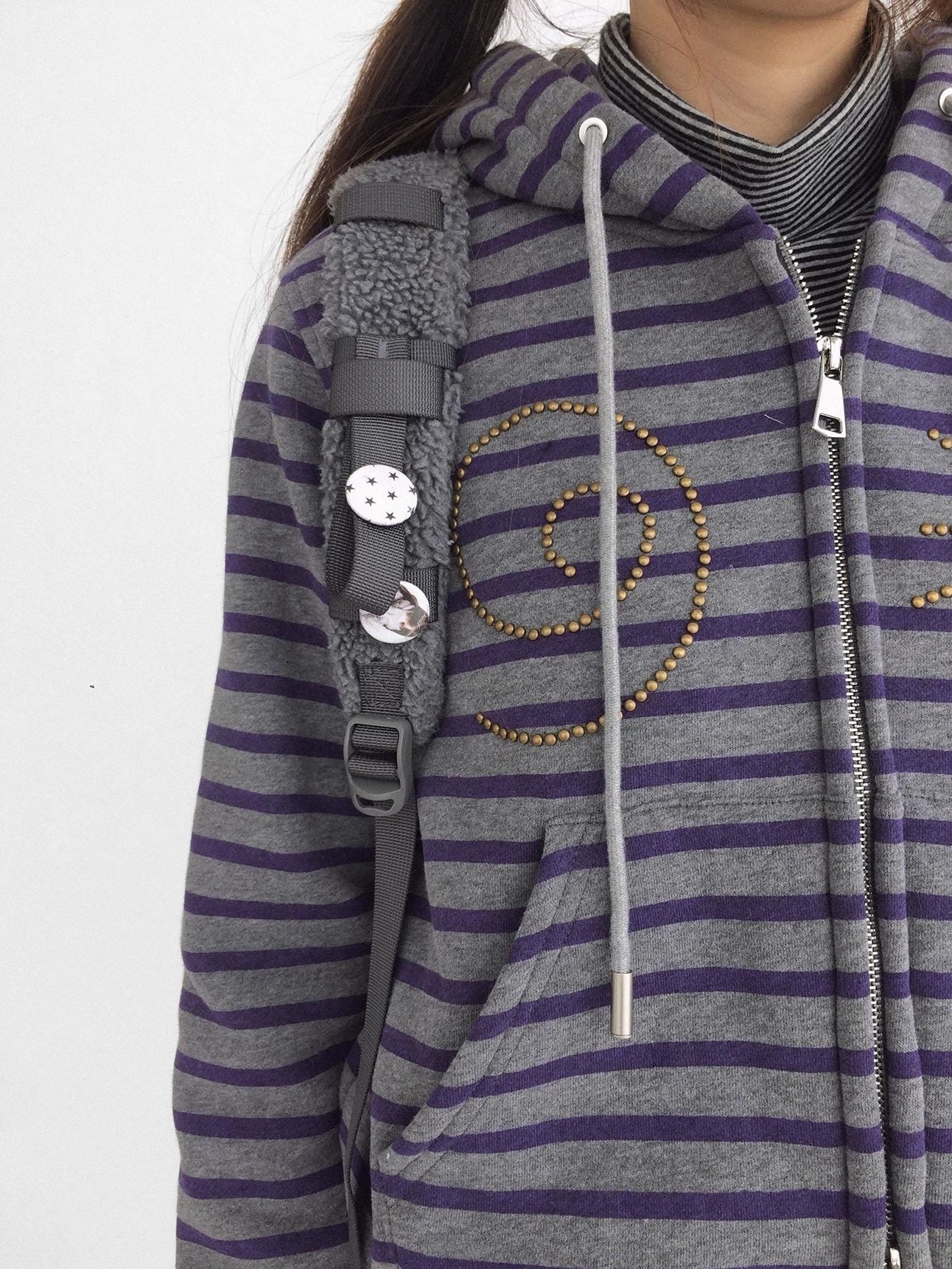 innomoood Studded Cropped Terry Zip Hooded Loose Fit Commuter Striped Women Hoodies