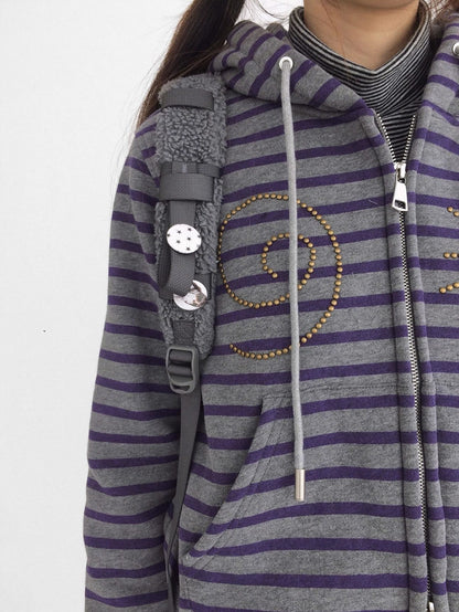 innomoood Studded Cropped Terry Zip Hooded Loose Fit Commuter Striped Women Hoodies