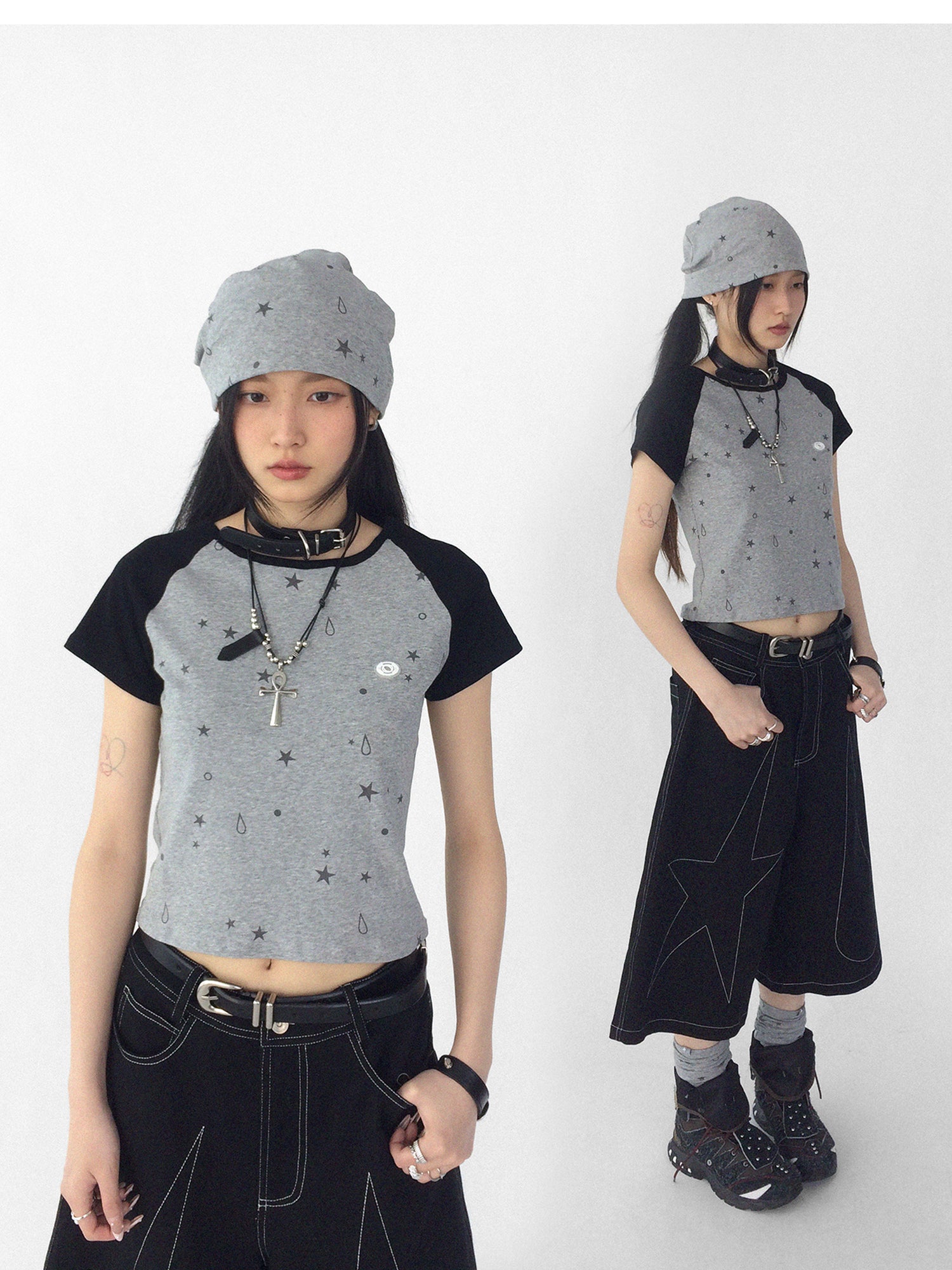 innomoood Tear Star Print Stretch Knit Tee