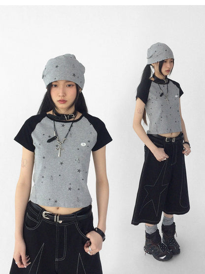 Tear Star Print Stretch Knit Tee