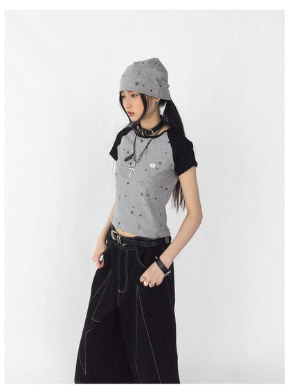 innomoood Tear Star Print Stretch Knit Tee