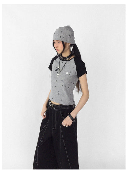 Tear Star Print Stretch Knit Tee