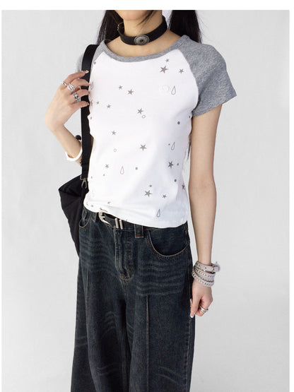 innomoood Tear Star Print Stretch Knit Tee