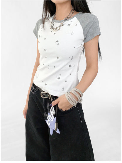 innomoood Tear Star Print Stretch Knit Tee