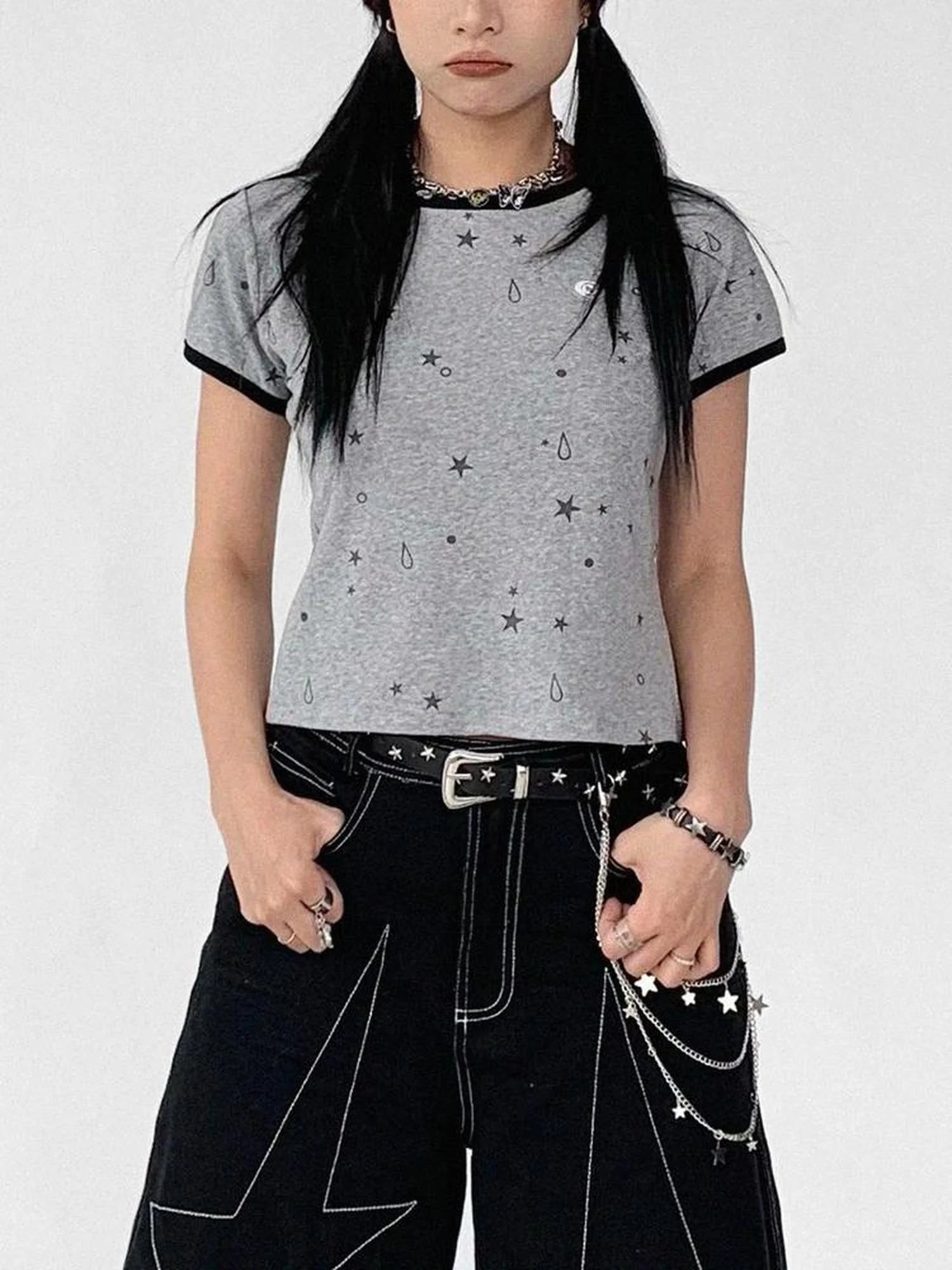 Tear Star Print Stretch Knit Tee