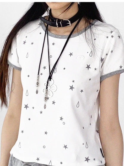 Tear Star Print Stretch Knit Tee