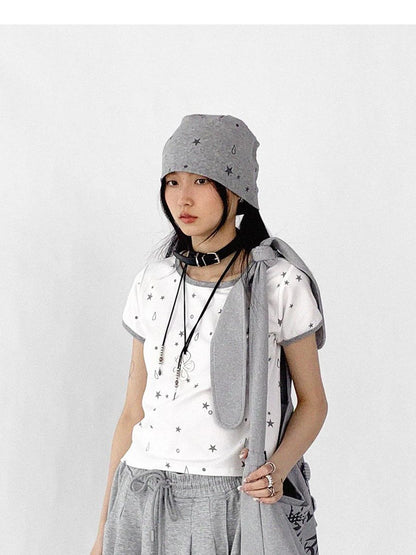 Tear Star Print Stretch Knit Tee