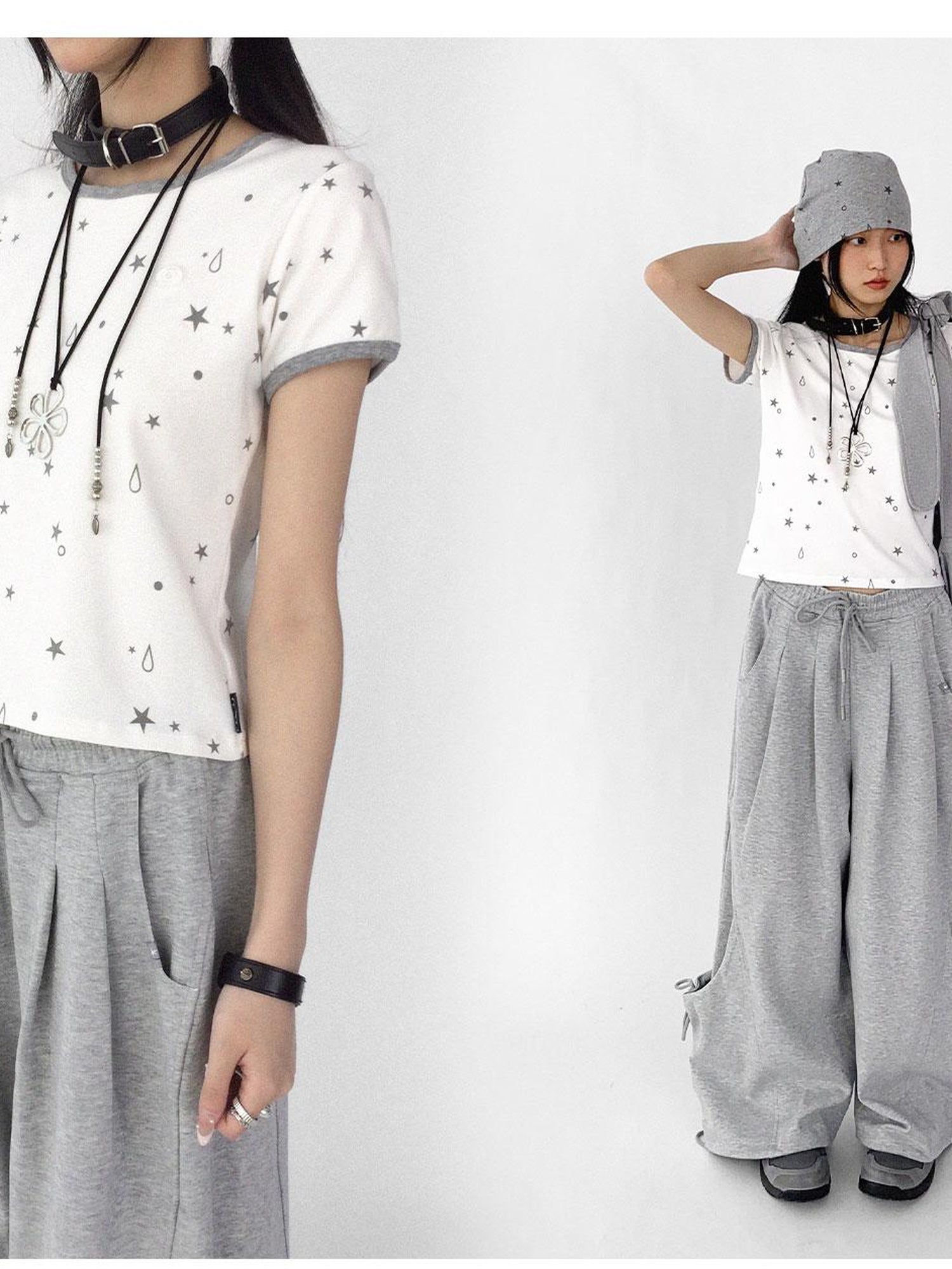 innomoood Tear Star Print Stretch Knit Tee