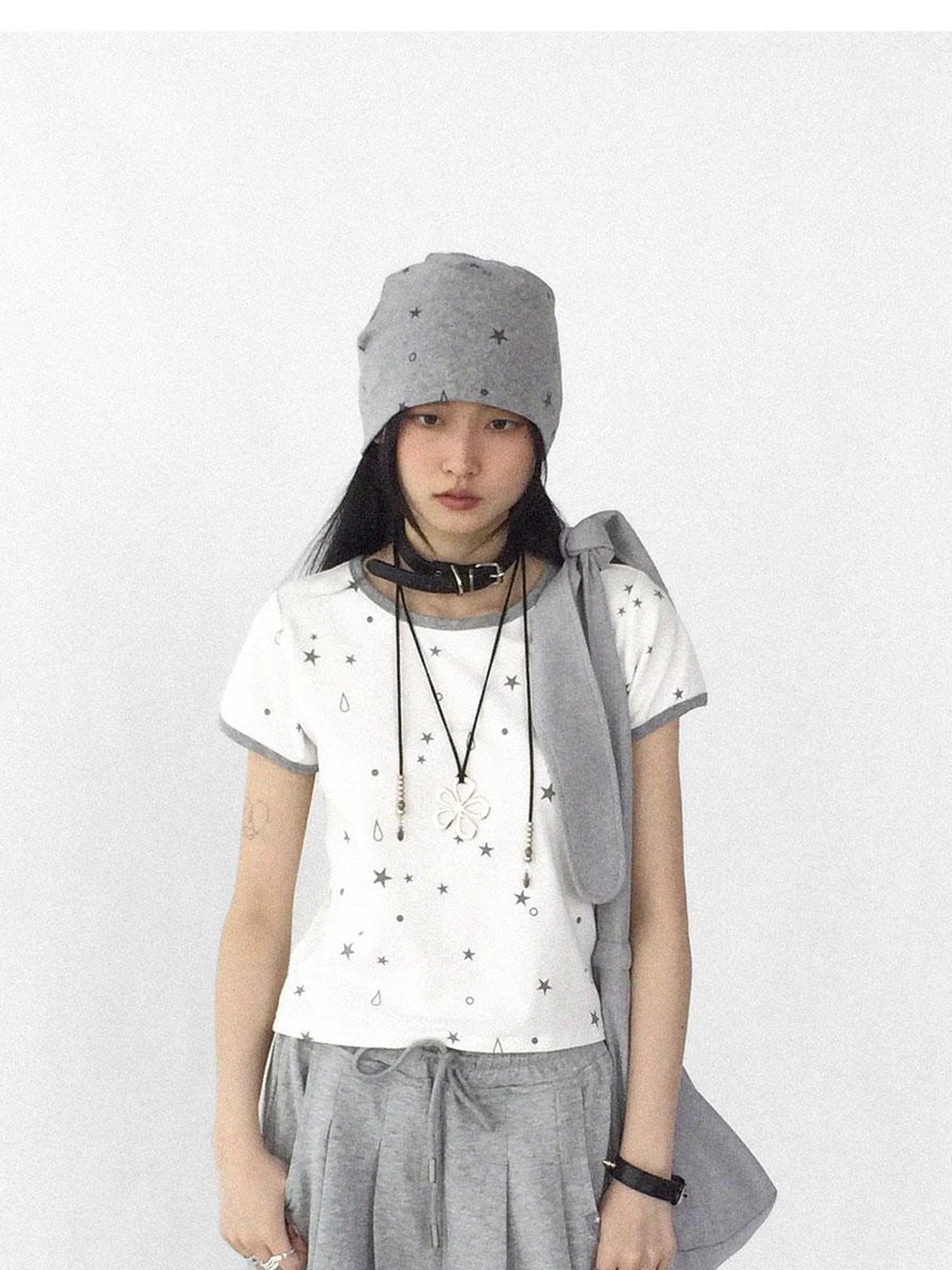 Tear Star Print Stretch Knit Tee