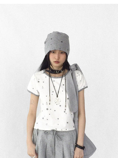 Tear Star Print Stretch Knit Tee