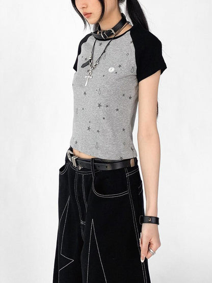 innomoood Tear Star Print Stretch Knit Tee
