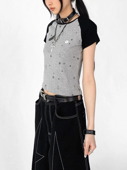 Tear Star Print Stretch Knit Tee