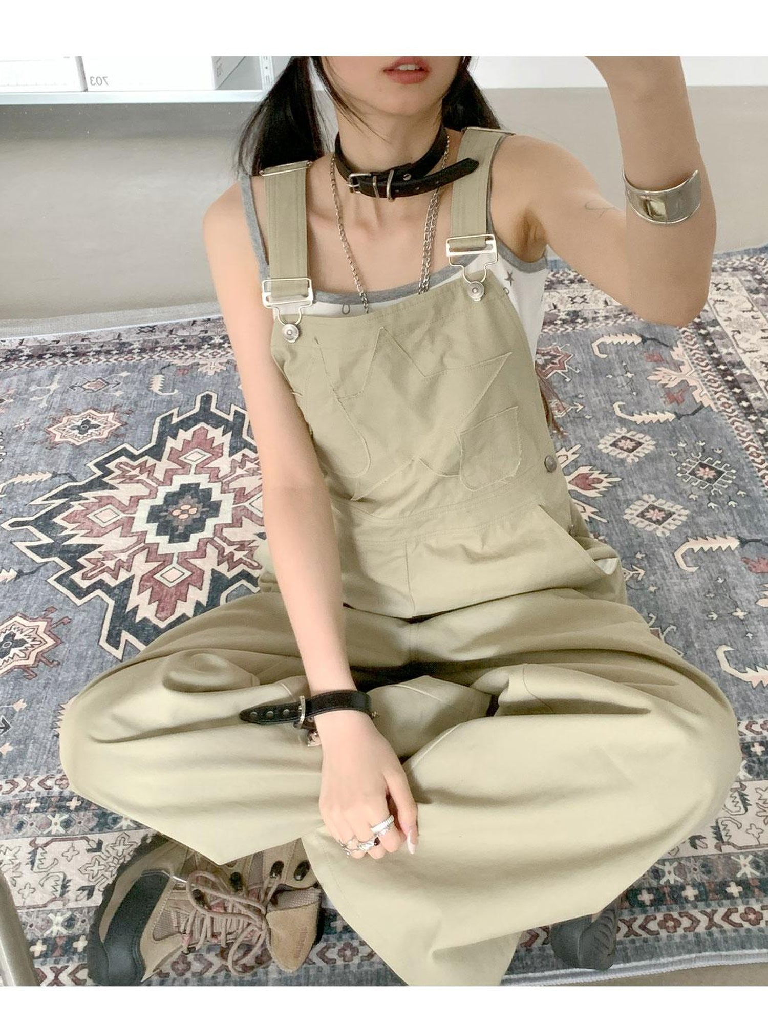 innomoood Tear Stars Raw Edge Applique Overalls