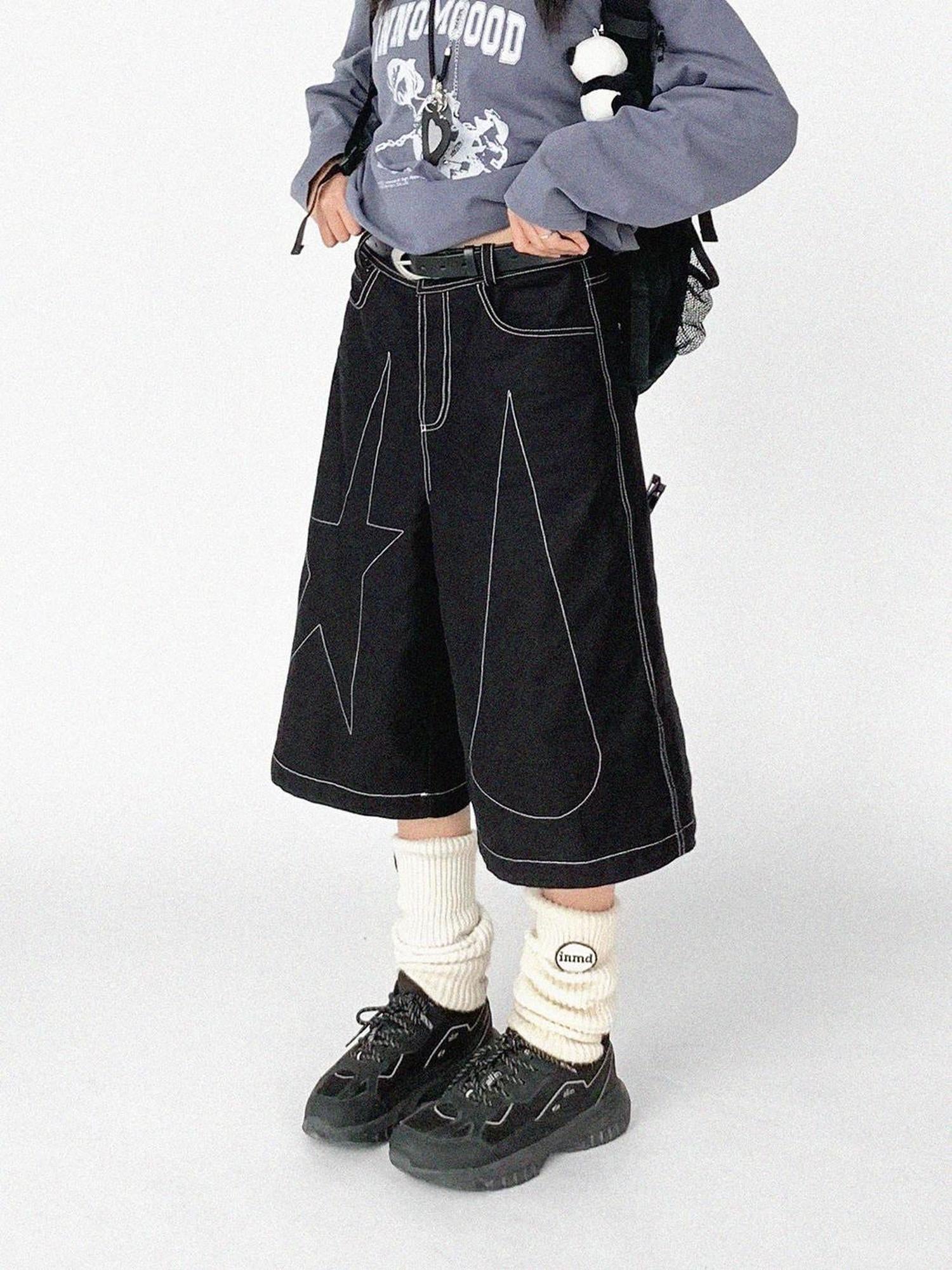 innomoood Tears Star Black Contrast Trim A Line Cropped Culottes