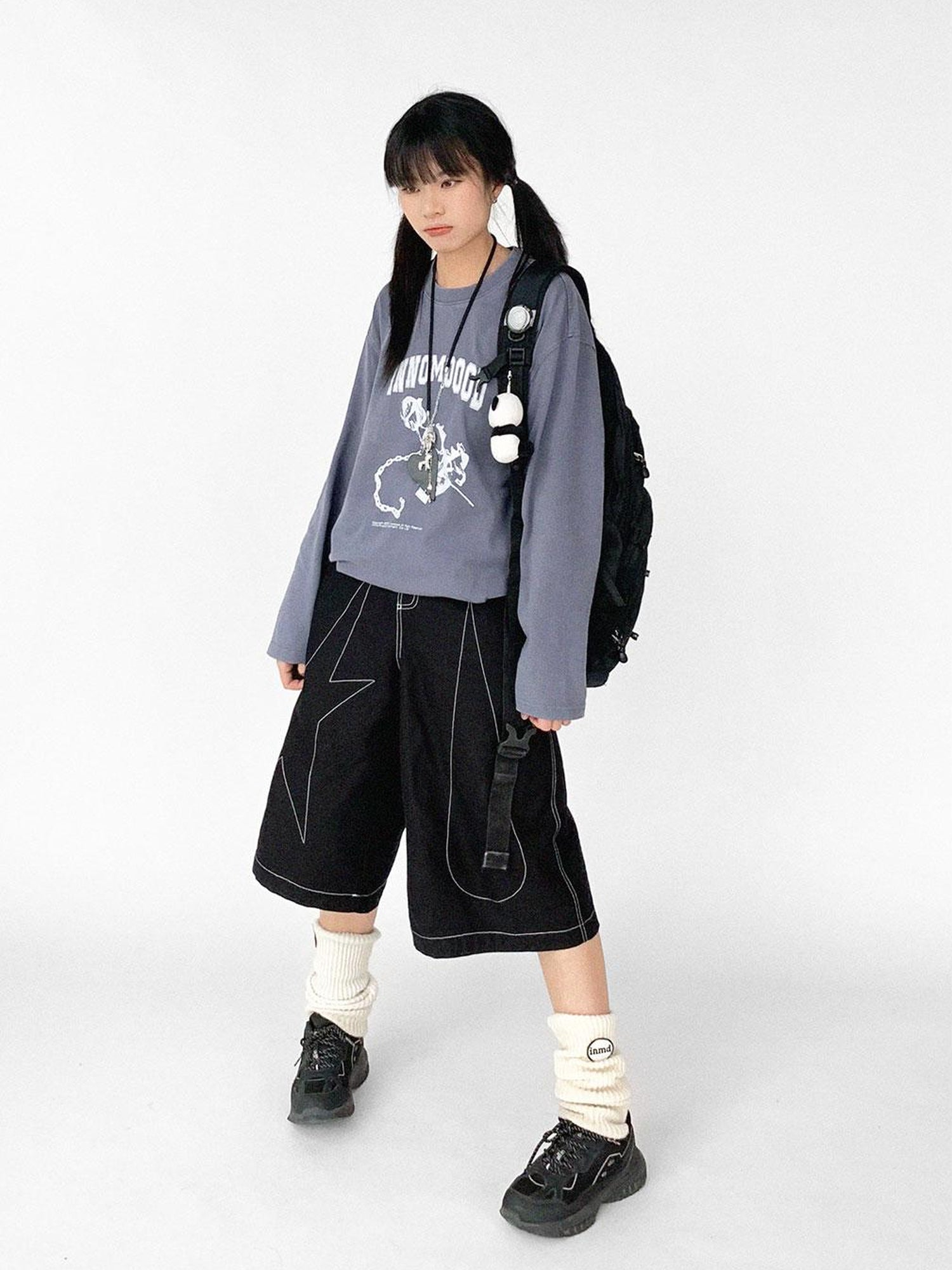 innomoood Tears Star Black Contrast Trim A Line Cropped Culottes