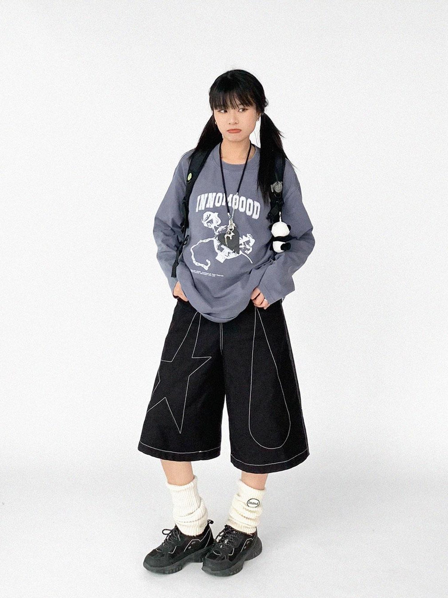 innomoood Tears Star Black Contrast Trim A Line Cropped Culottes