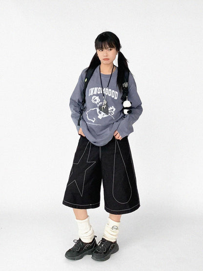 innomoood Tears Star Black Contrast Trim A Line Cropped Culottes