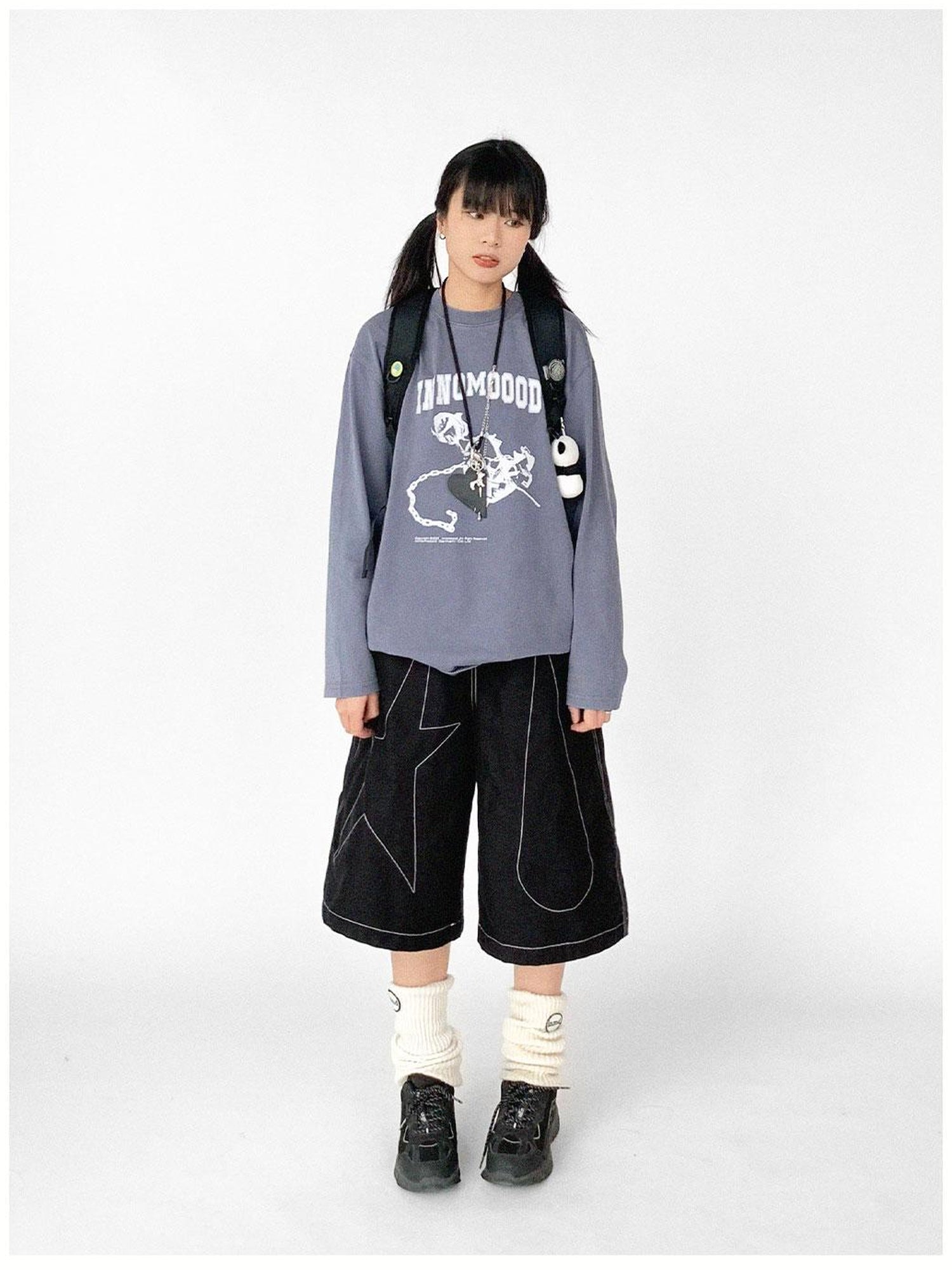 innomoood Tears Star Black Contrast Trim A Line Cropped Culottes