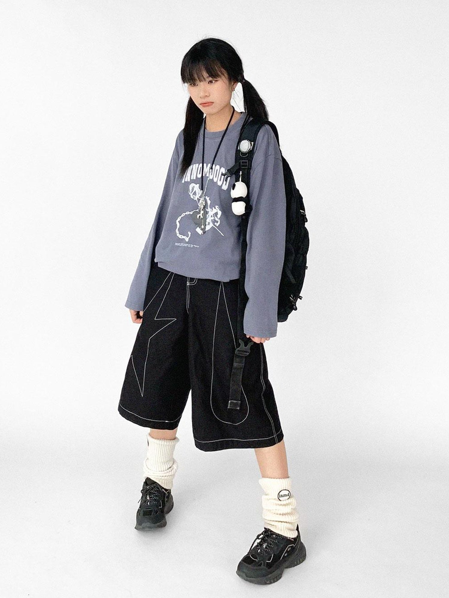 innomoood Tears Star Black Contrast Trim A Line Cropped Culottes