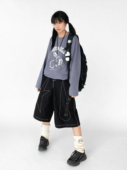 innomoood Tears Star Black Contrast Trim A Line Cropped Culottes