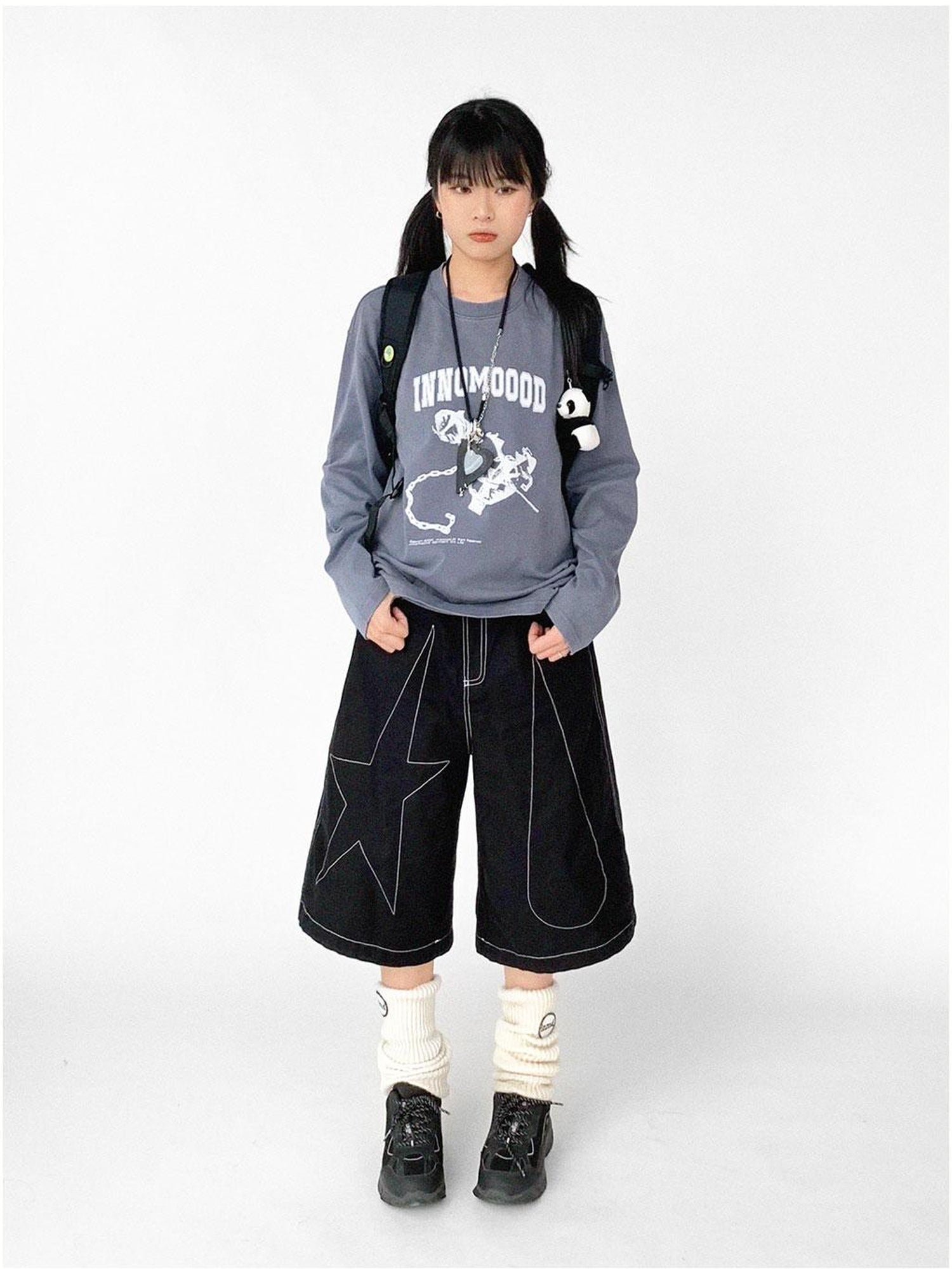 innomoood Tears Star Black Contrast Trim A Line Cropped Culottes