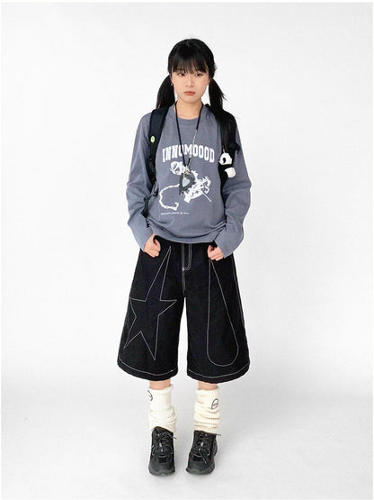 innomoood Tears Star Black Contrast Trim A Line Cropped Culottes