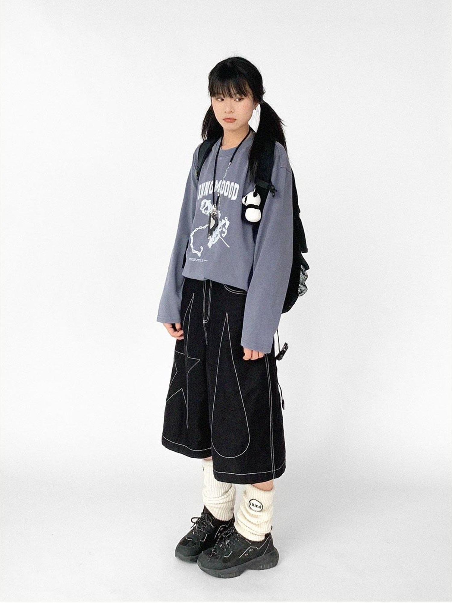 innomoood Tears Star Black Contrast Trim A Line Cropped Culottes